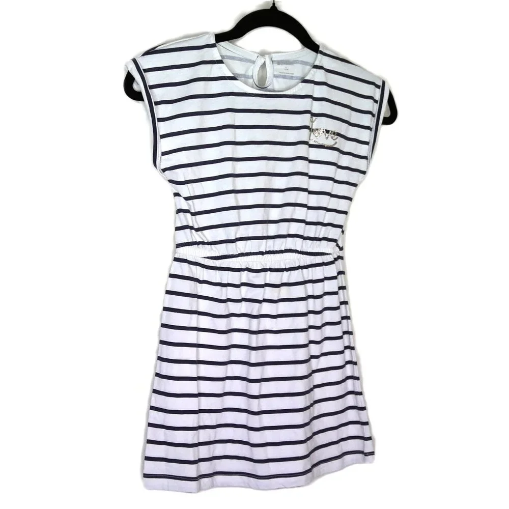 Gymboree Girl's Dress Navy Blue & White Stripe Sparkly Love EUC Sz M (6-7)